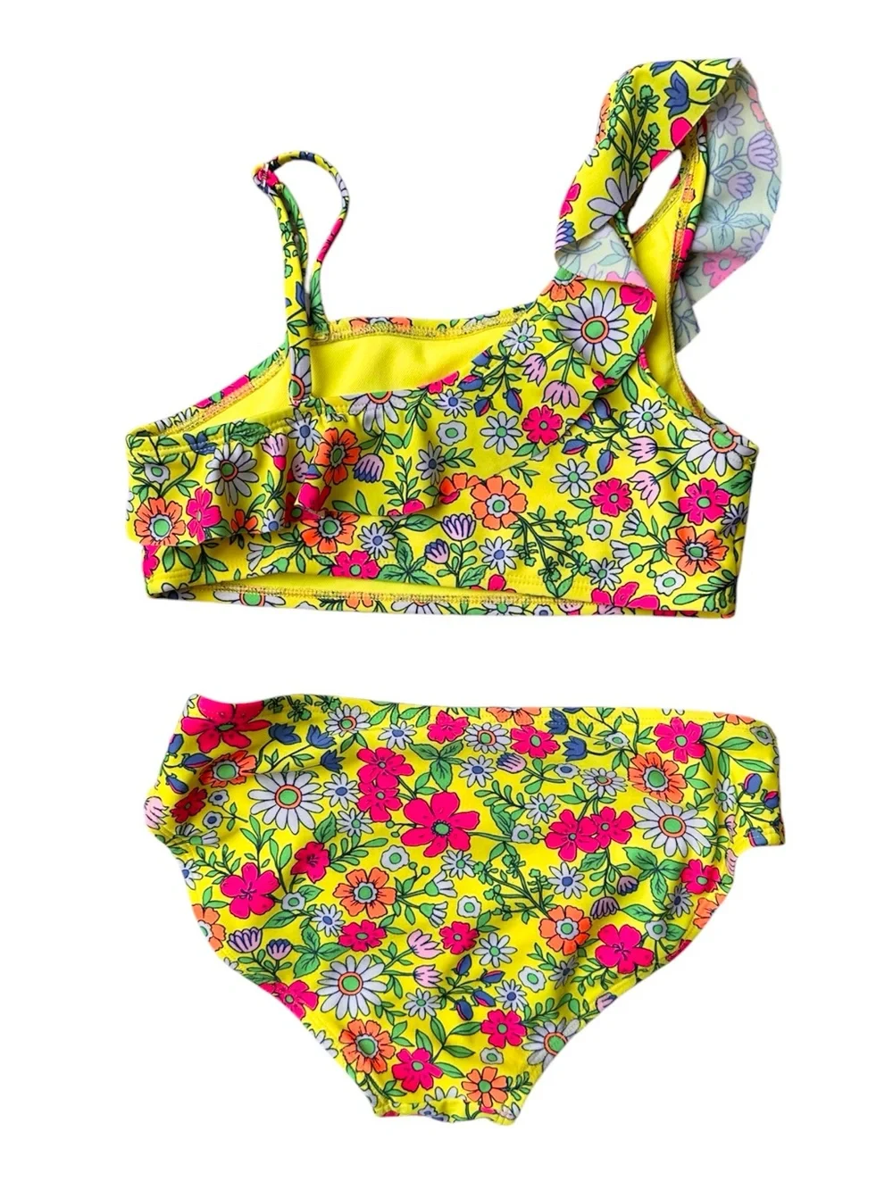 Cat & Jack 10/12 Girls yellow pink floral Ruffle 2 piece swim suit set